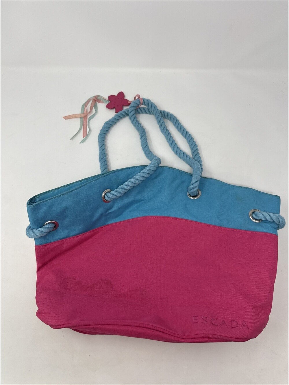 ESCADA PACIFIC PARADISE BEACH BAG TOTE SHOPPER PINK BLUE TEAL CANVAS NYLON